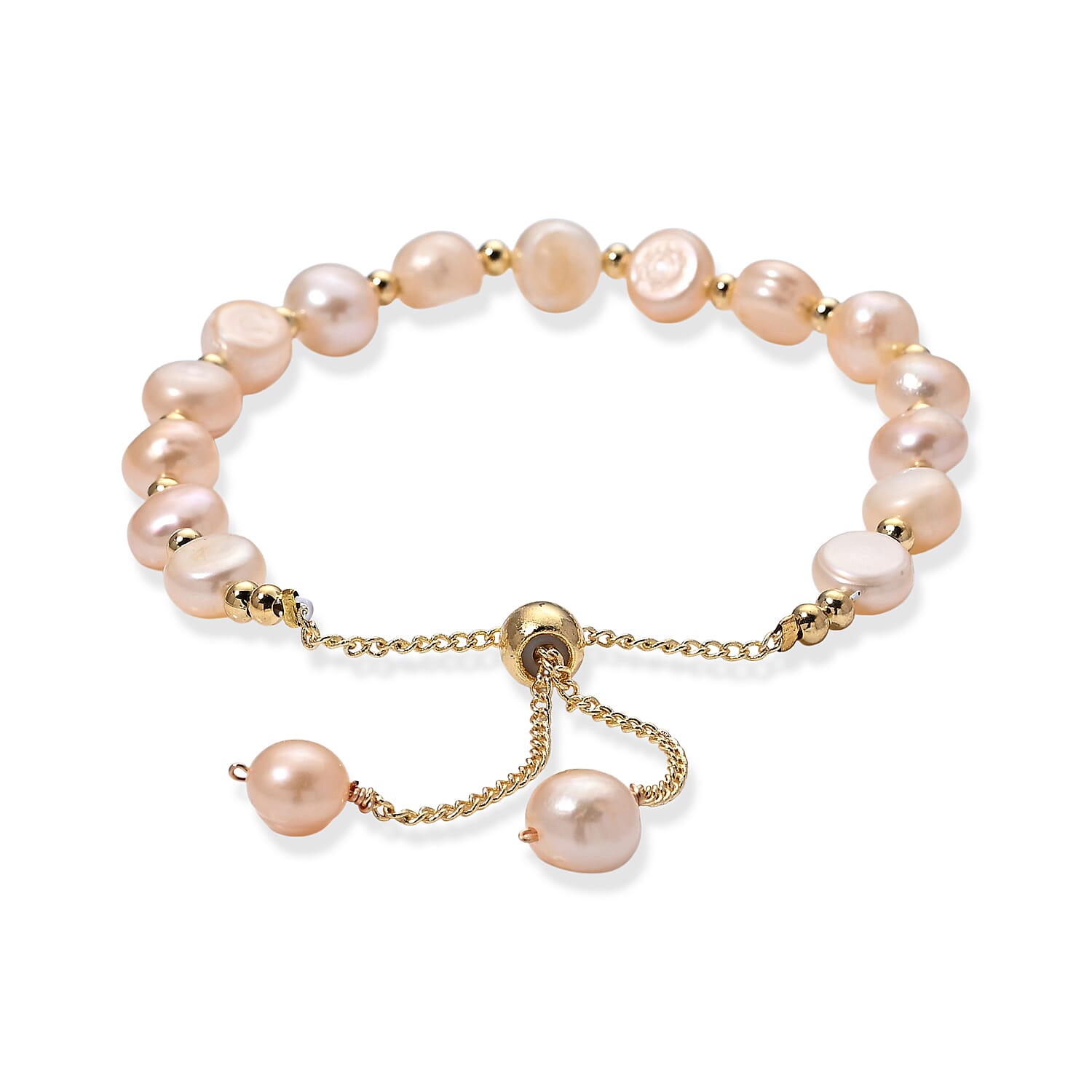 Peach Fresh Water Pearl Adjustable Beads Bracelet (Size - 6.5-9) in Yellow Gold Tone 30.00 Ct.