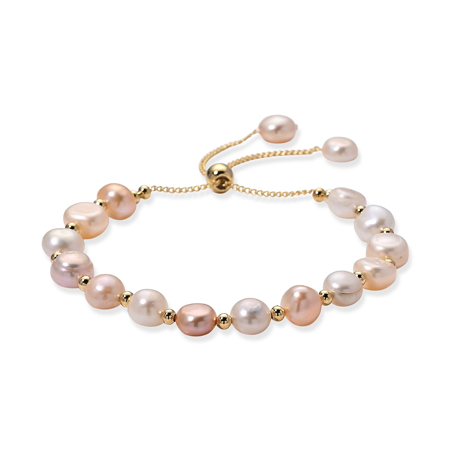 Multi Color Fresh Water Pearl Adjustable Beads Bracelet (Size - 6.5-9) in Yellow Gold Tone 30.00 Ct.