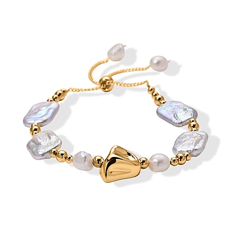 White Keshi Pearl & White Fresh Water Pearl Adjustable Beads Bracelet (Size 6.5-9)
