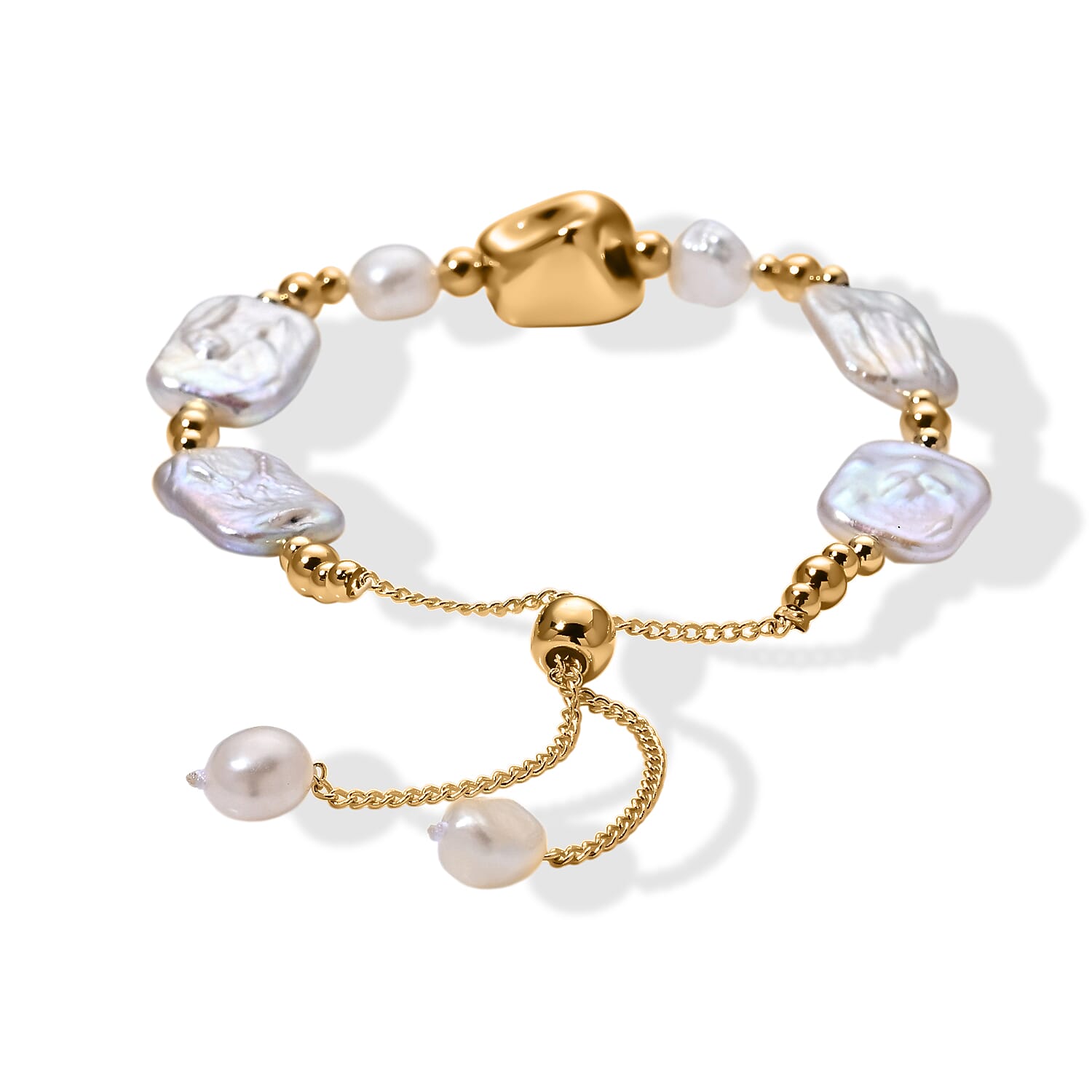 White Keshi Pearl & White Fresh Water Pearl Adjustable Beads Bracelet (Size 6.5-9)