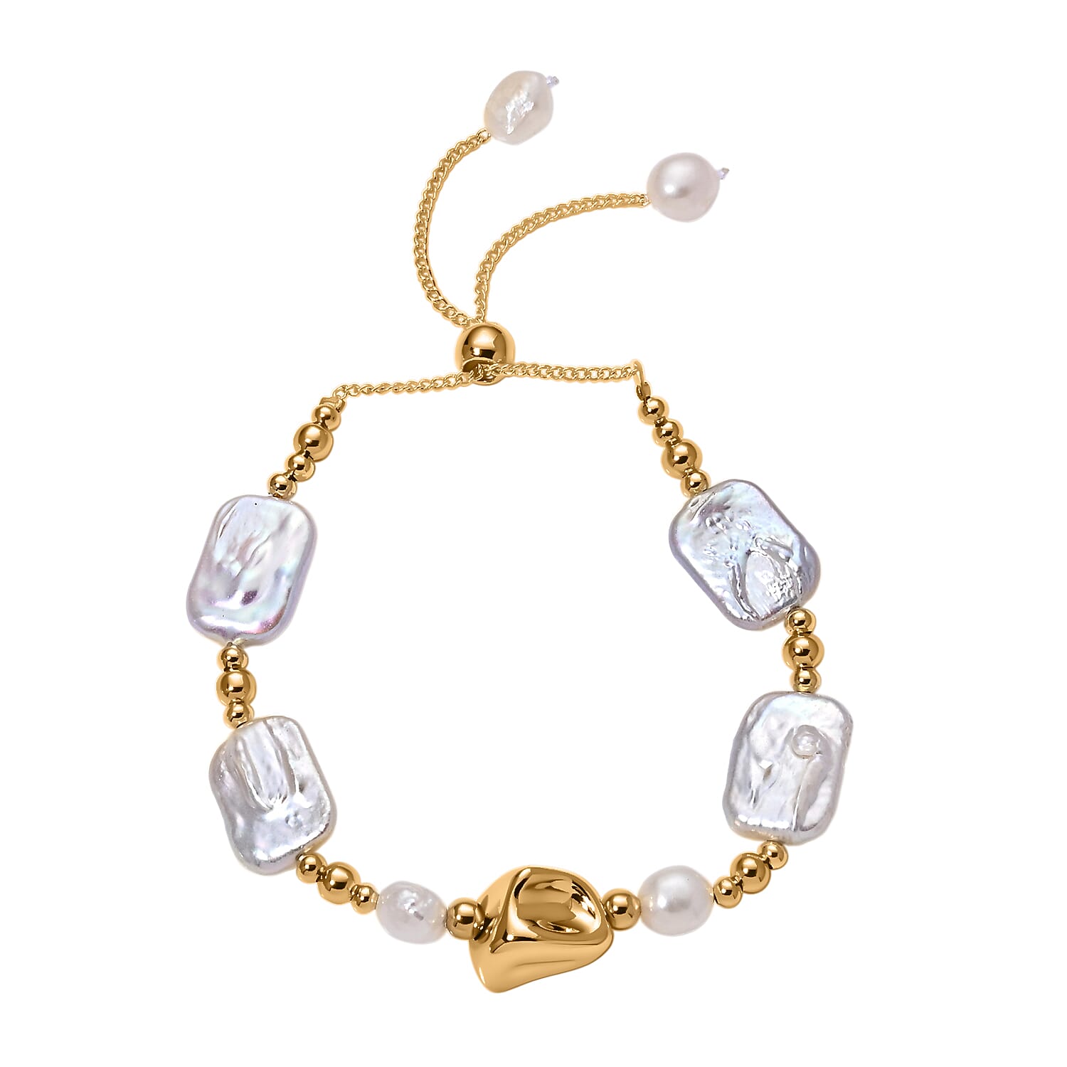 White Keshi Pearl & White Fresh Water Pearl Adjustable Beads Bracelet (Size 6.5-9)