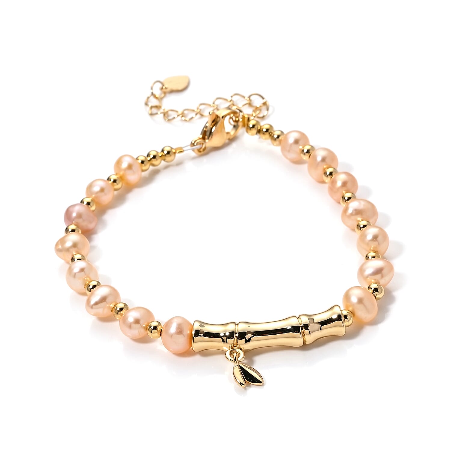 Peach Fresh Water Pearl Adjustable Beads Bracelet (Size - 6.5-2 Ext) in Yellow Gold Tone 15.00 Ct.