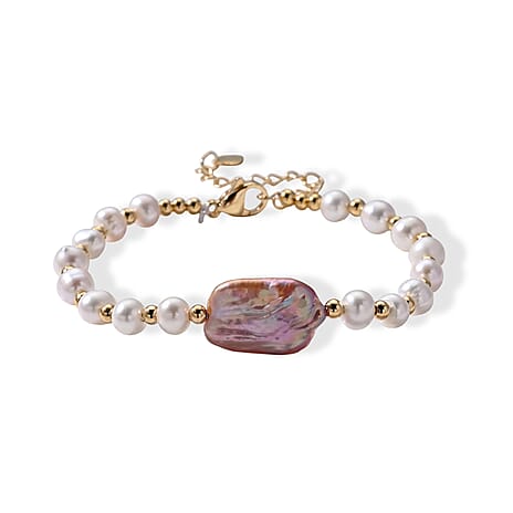 Multi Color Keshi Pearl & White Fresh Water Pearl Adjustable Beads Bracelet (Size - 6.5-2 Ext) in Yellow Gold Tone 20.00 Ct.