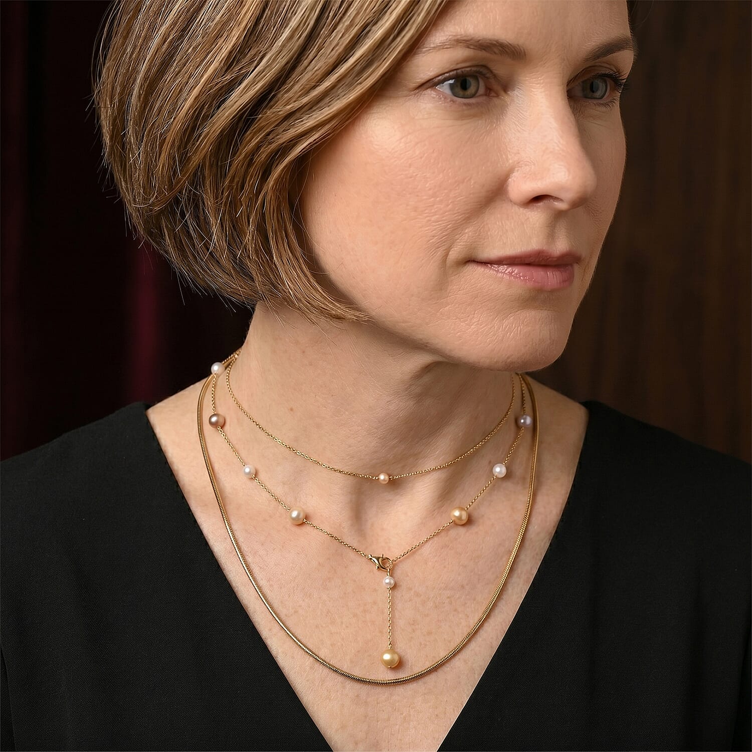 Peach Fresh Water Pearl Adjustable Beads Necklace (Size - 18-2 Ext) in Yellow Gold Tone 15.00 Ct.