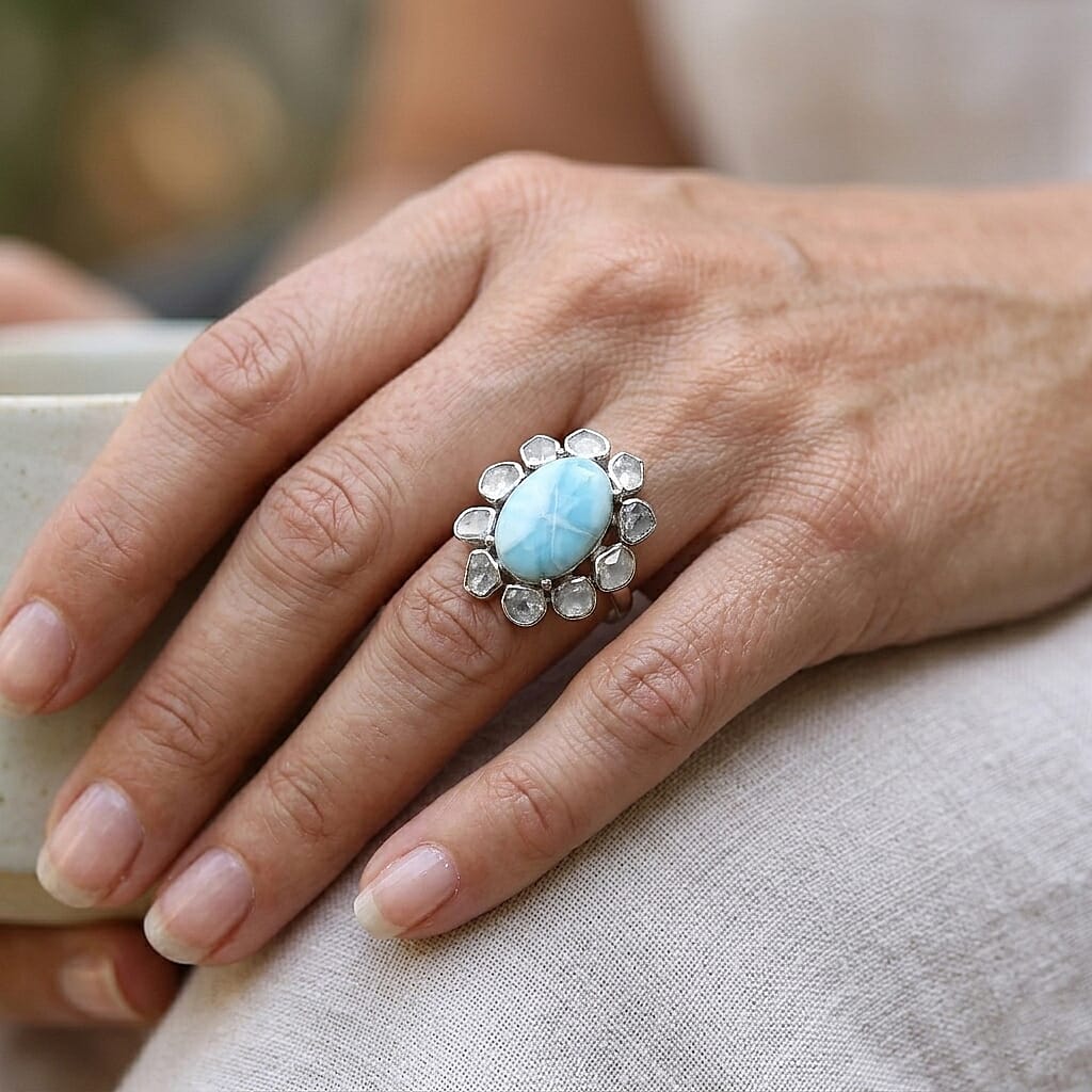 D'Joy - Natural Larimar & Natural White Diamond (0.62ct) Ring in Rhodium Overlay Sterling Silver 7.60 Ct.