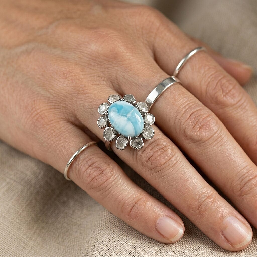 D'Joy - Natural Larimar & Natural White Diamond (0.62ct) Ring in Rhodium Overlay Sterling Silver 7.60 Ct.