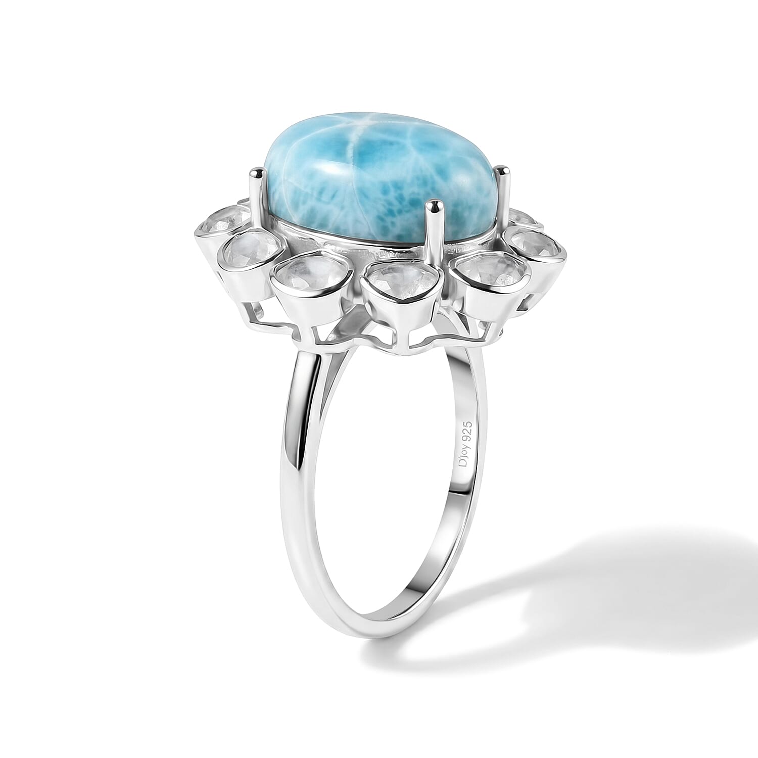 D'Joy - Natural Larimar & Natural White Diamond (0.62ct) Ring in Rhodium Overlay Sterling Silver 7.60 Ct.