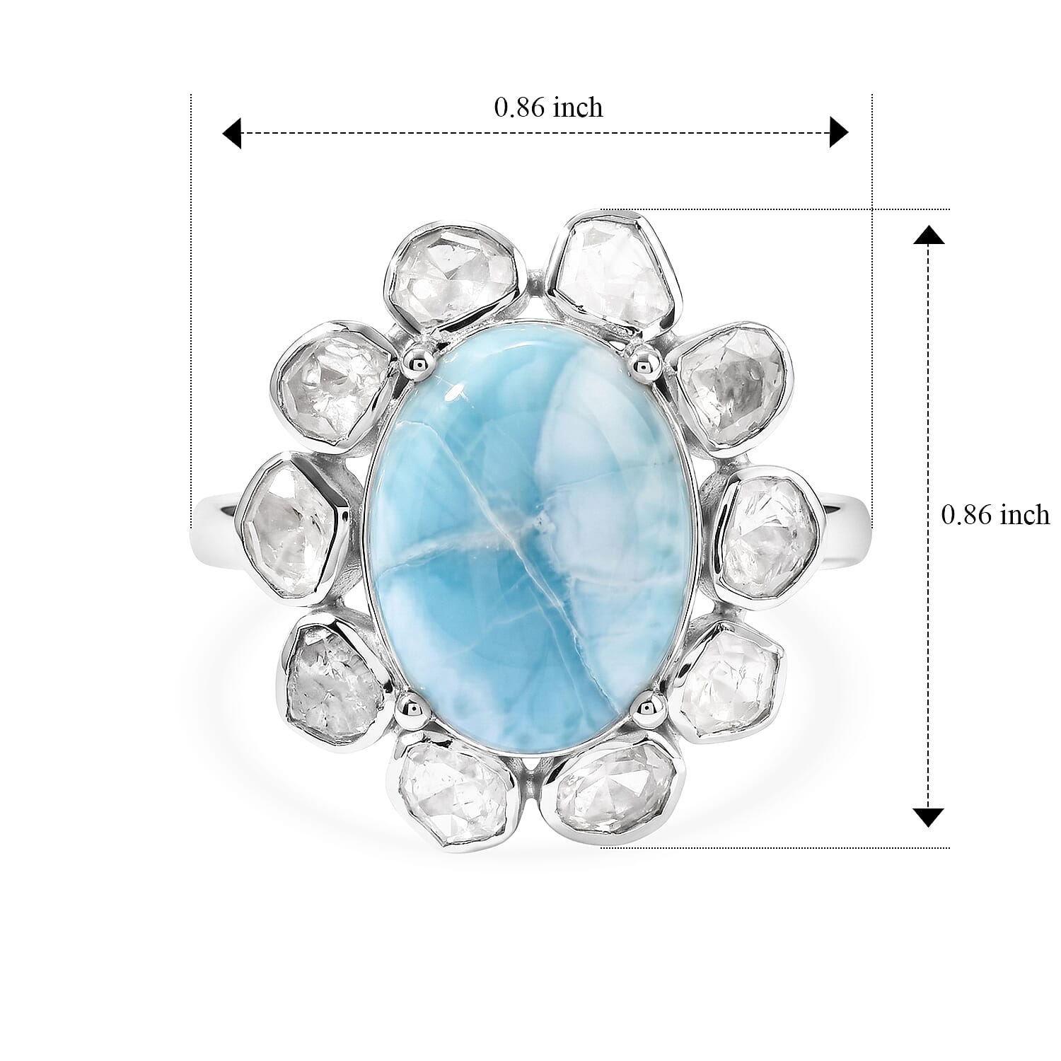 D'Joy - Natural Larimar & Natural White Diamond (0.62ct) Ring in Rhodium Overlay Sterling Silver 7.60 Ct.