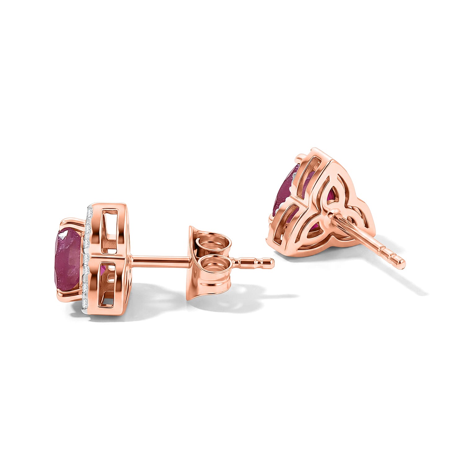 D'Joy - African Ruby & White Zircon Earring with Push Post in 18K Vermeil Rose Gold Plated Sterling Silver 1.73 Ct.