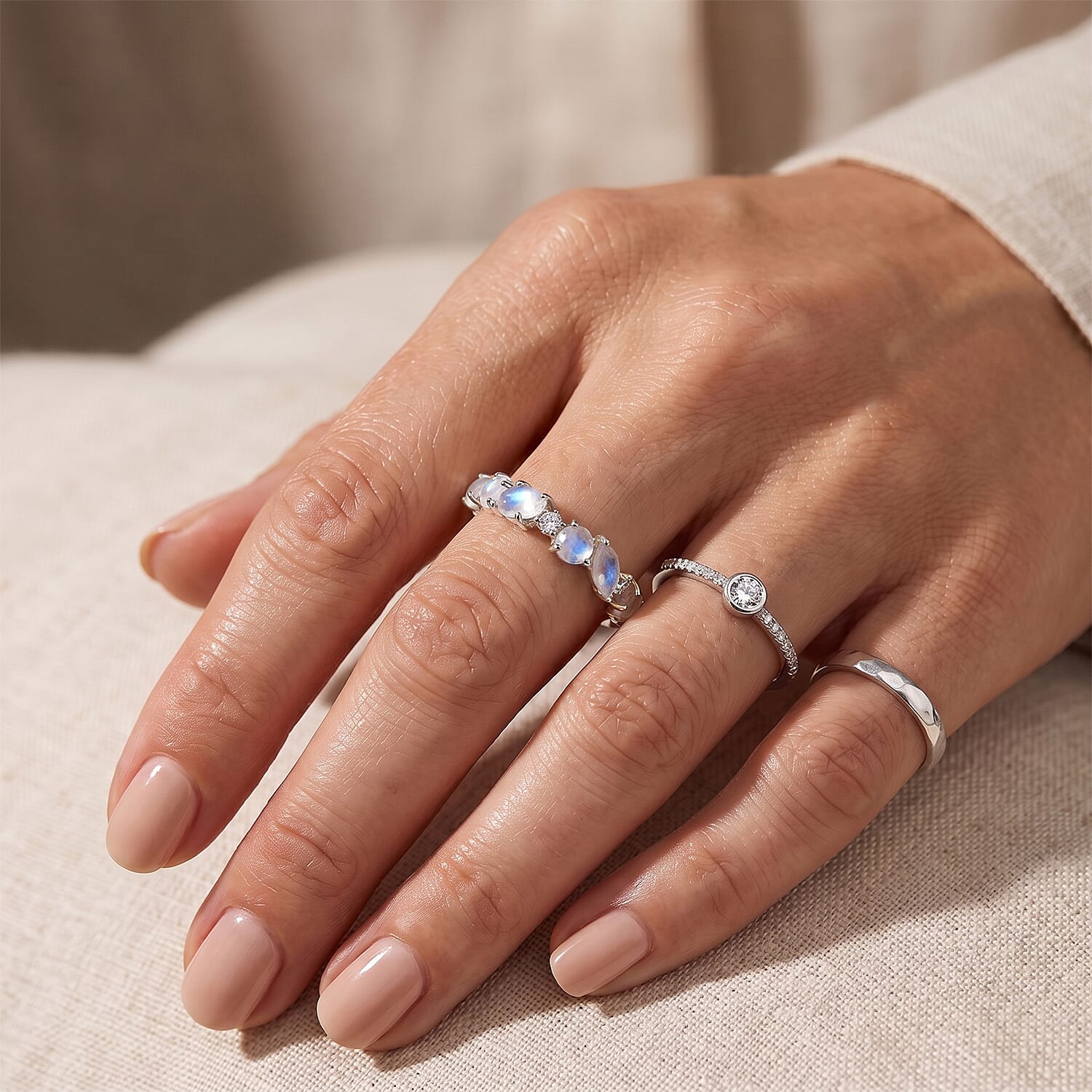 Royal Bali Collection - D'Joy Moon Glow Stone & White Zircon Ring in Sterling Silver 1.16 Ct.