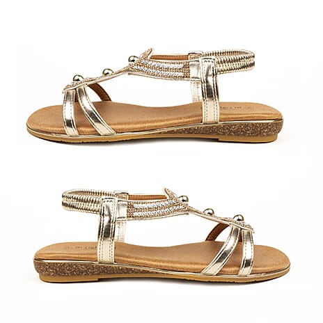 Rose Womens Beaded Studded T-Bar Elastic Slingback Low Wedge Sandals (Size 4) - Gold