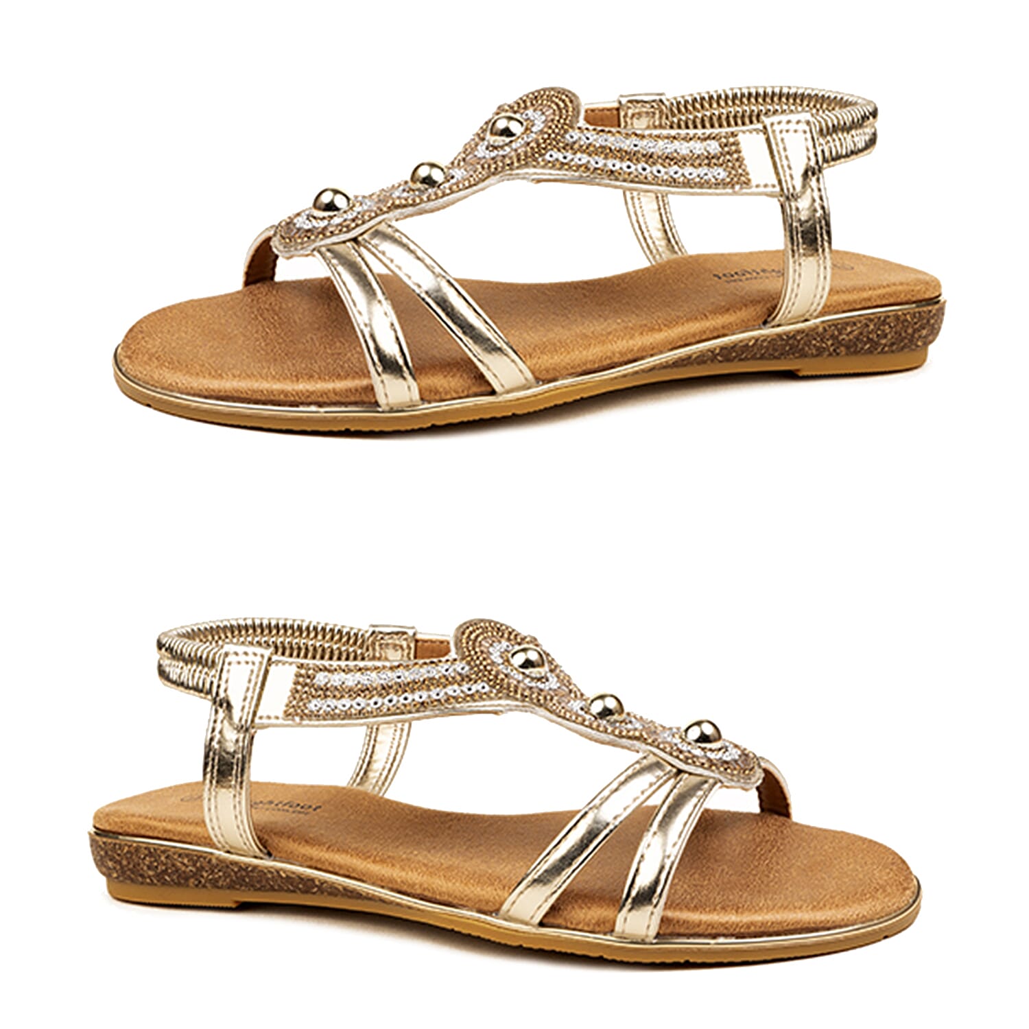 Rose Womens Beaded Studded T-Bar Elastic Slingback Low Wedge Sandals (Size 4) - Gold