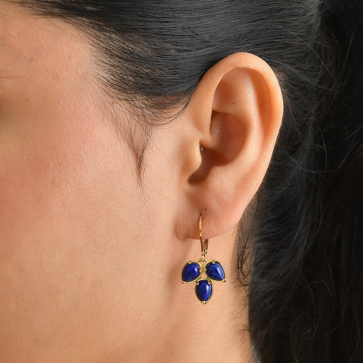 EverTrue - Lapis Lazuli Trilogy Earring with Lever Back in Yellow Gold Tone 5.90 Ct.