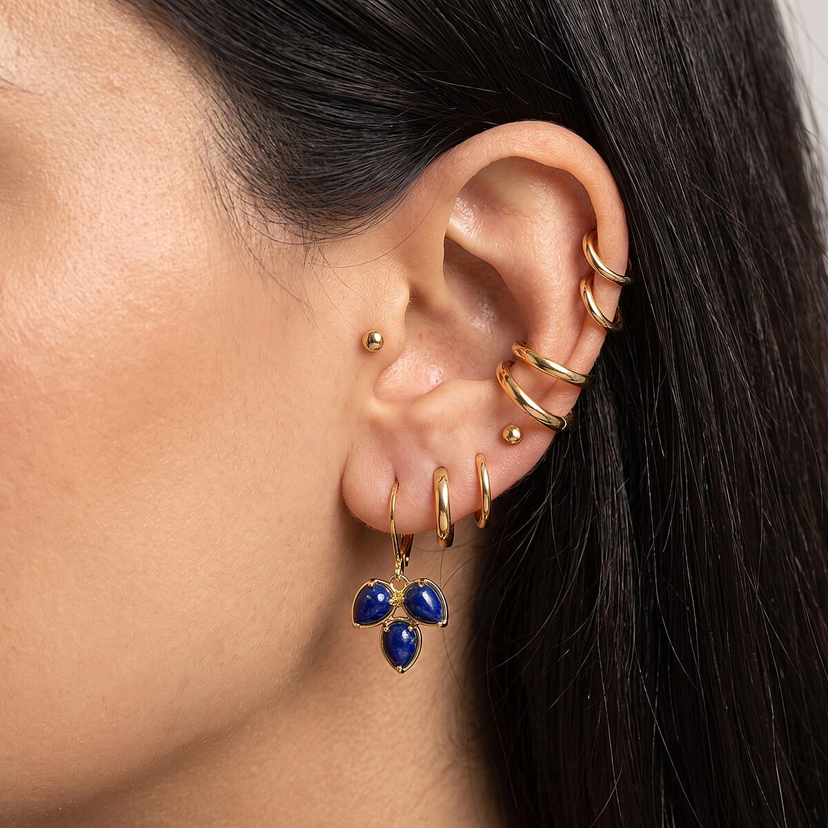 EverTrue - Lapis Lazuli Trilogy Earring with Lever Back in Yellow Gold Tone 5.90 Ct.