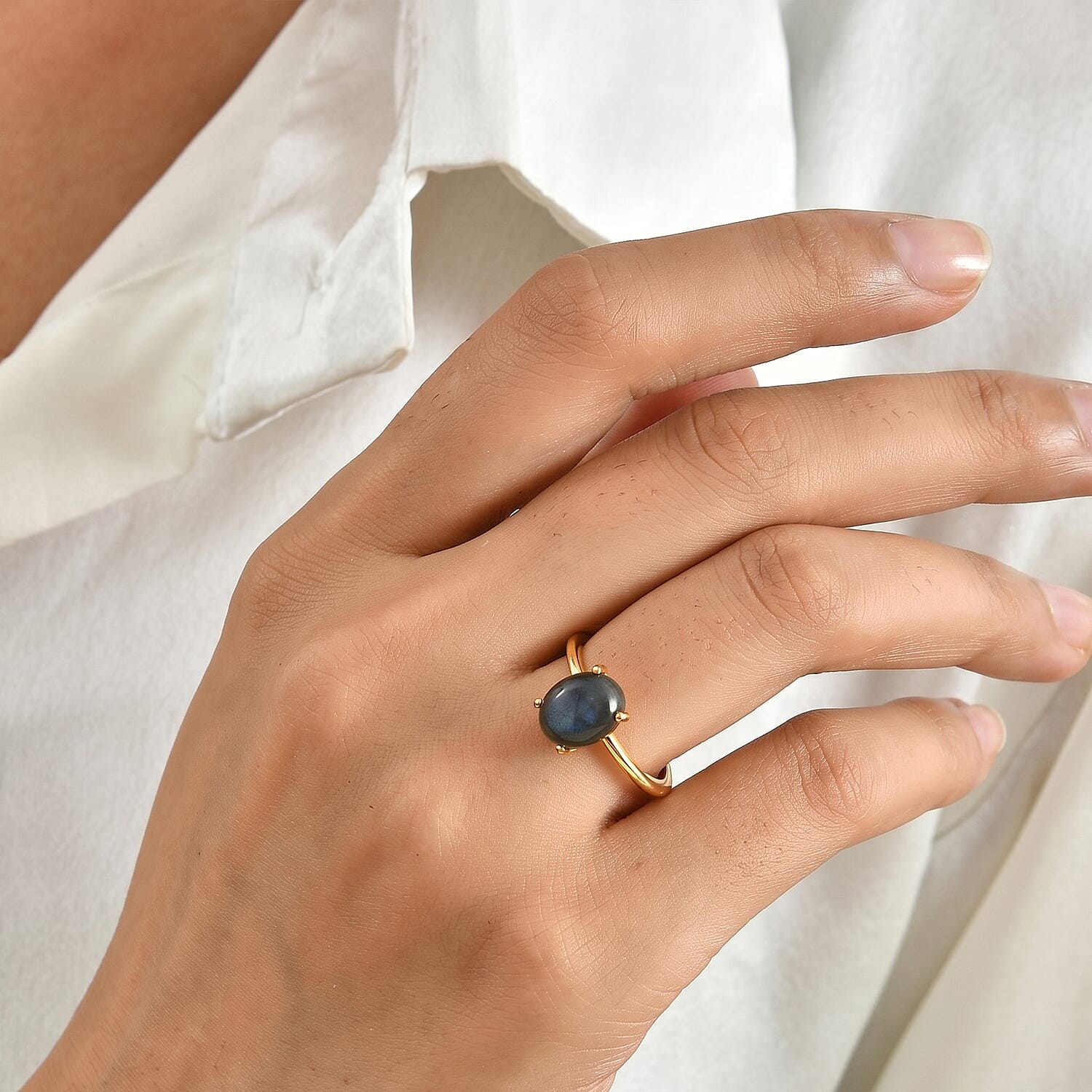Labradorite Solitaire Ring in Yellow Gold Plated Sterling Silver 3.08 Ct.