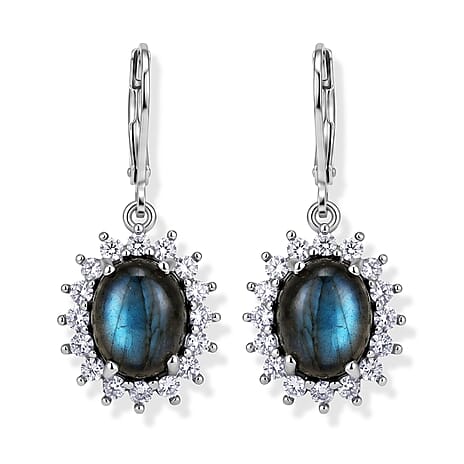 EverTrue - Labradorite & White Zircon Halo Earring with Lever Back 8.00 Ct.