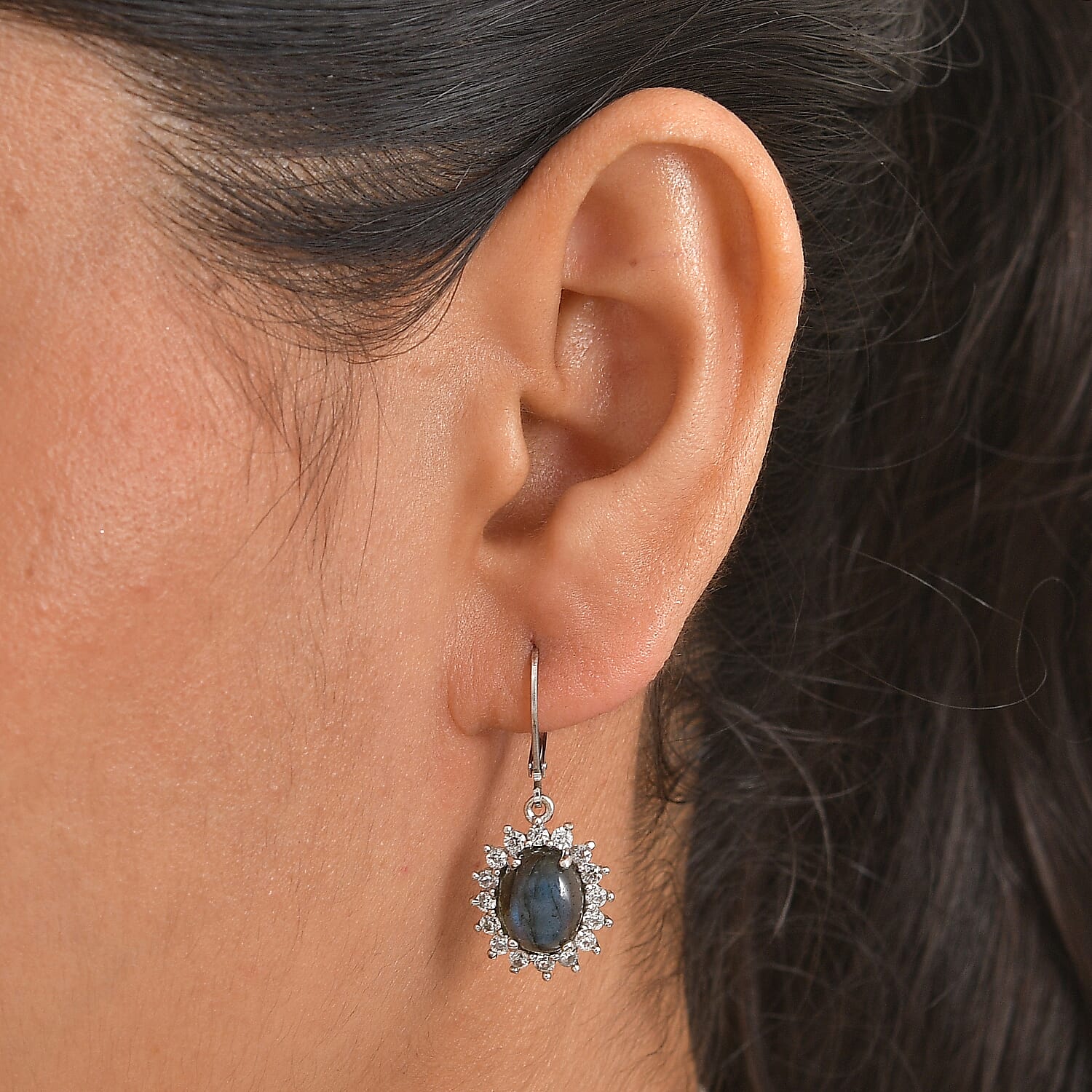 EverTrue - Labradorite & White Zircon Halo Earring with Lever Back 8.00 Ct.