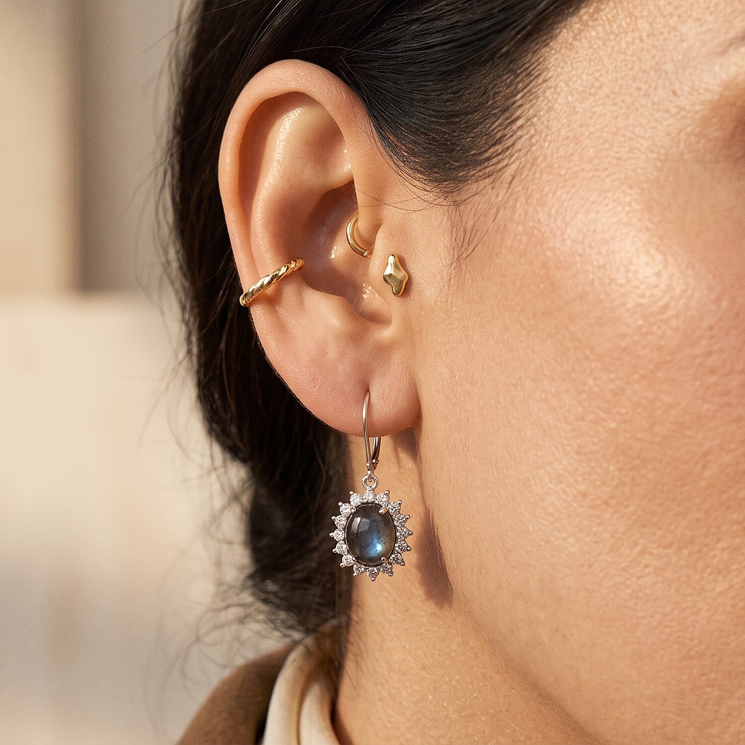 EverTrue - Labradorite & White Zircon Halo Earring with Lever Back 8.00 Ct.