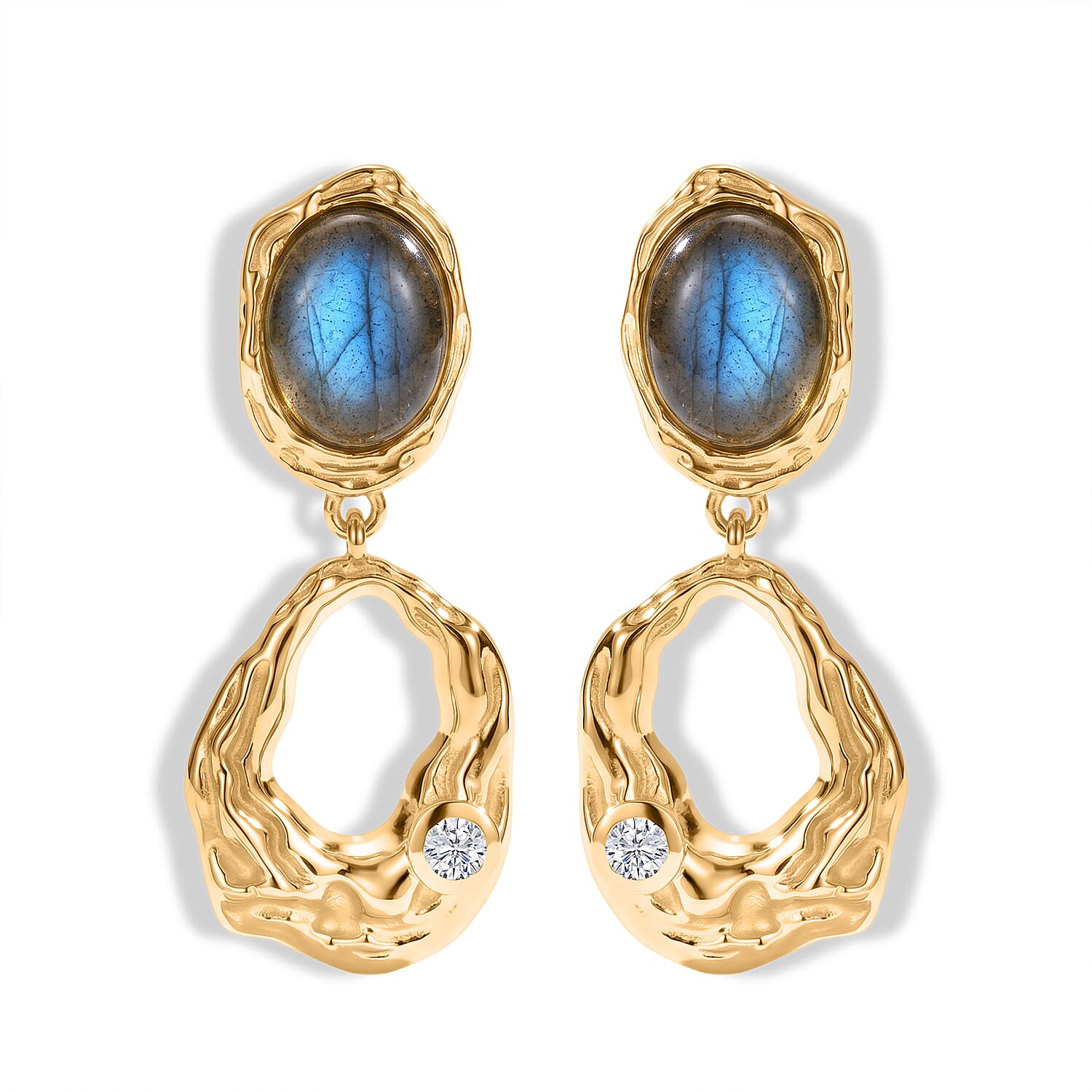 EverTrue - Labradorite & White Zircon Dangling Earring with Push Back in Yellow Gold Tone 4.55 Ct.