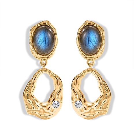 EverTrue - Labradorite & White Zircon Dangling Earring with Push Back in Yellow Gold Tone 4.55 Ct.