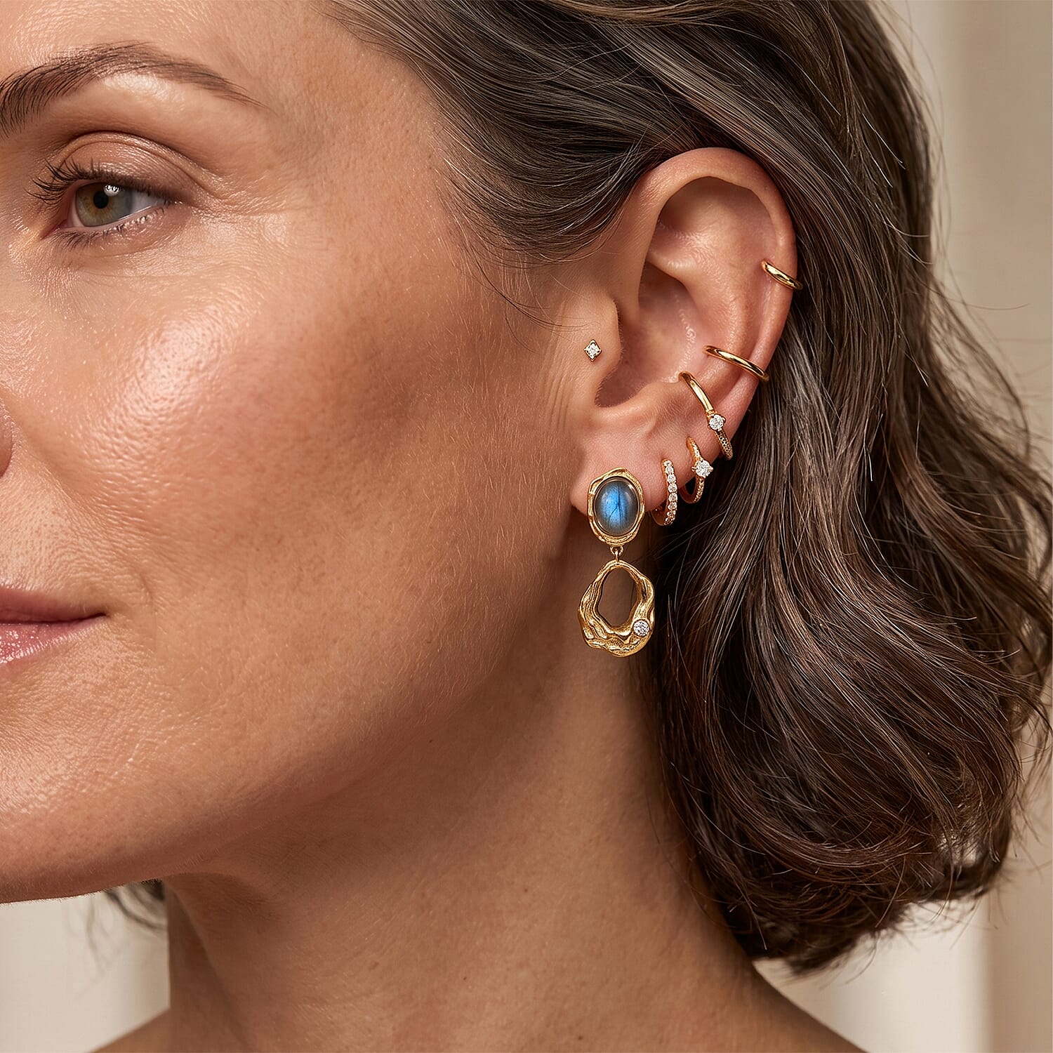 EverTrue - Labradorite & White Zircon Dangling Earring with Push Back in Yellow Gold Tone 4.55 Ct.