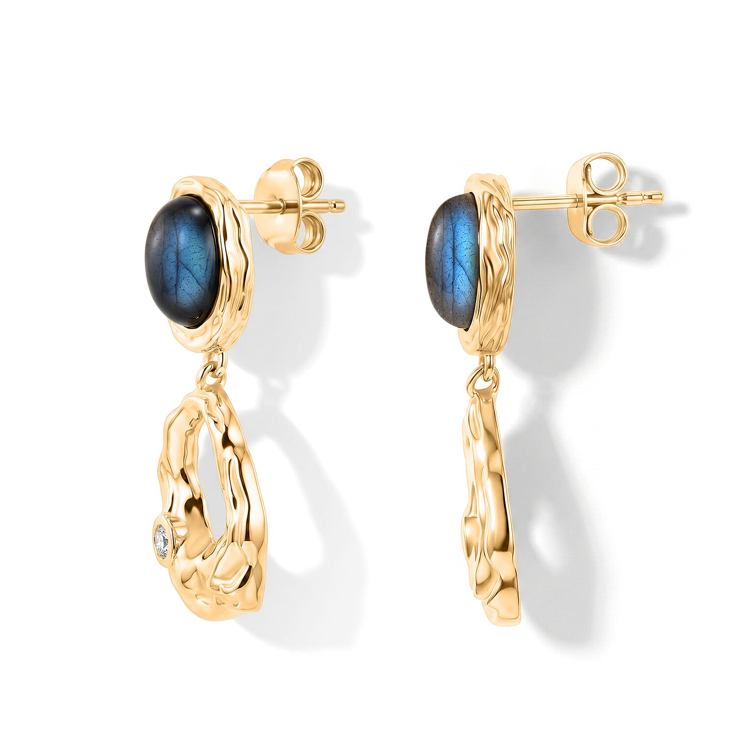 EverTrue - Labradorite & White Zircon Dangling Earring with Push Back in Yellow Gold Tone 4.55 Ct.