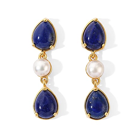 EverTrue - Lapis Lazuli & Fresh Water Pearl Dangling Earring with Push Back in Yellow Gold Tone 7.55 Ct.