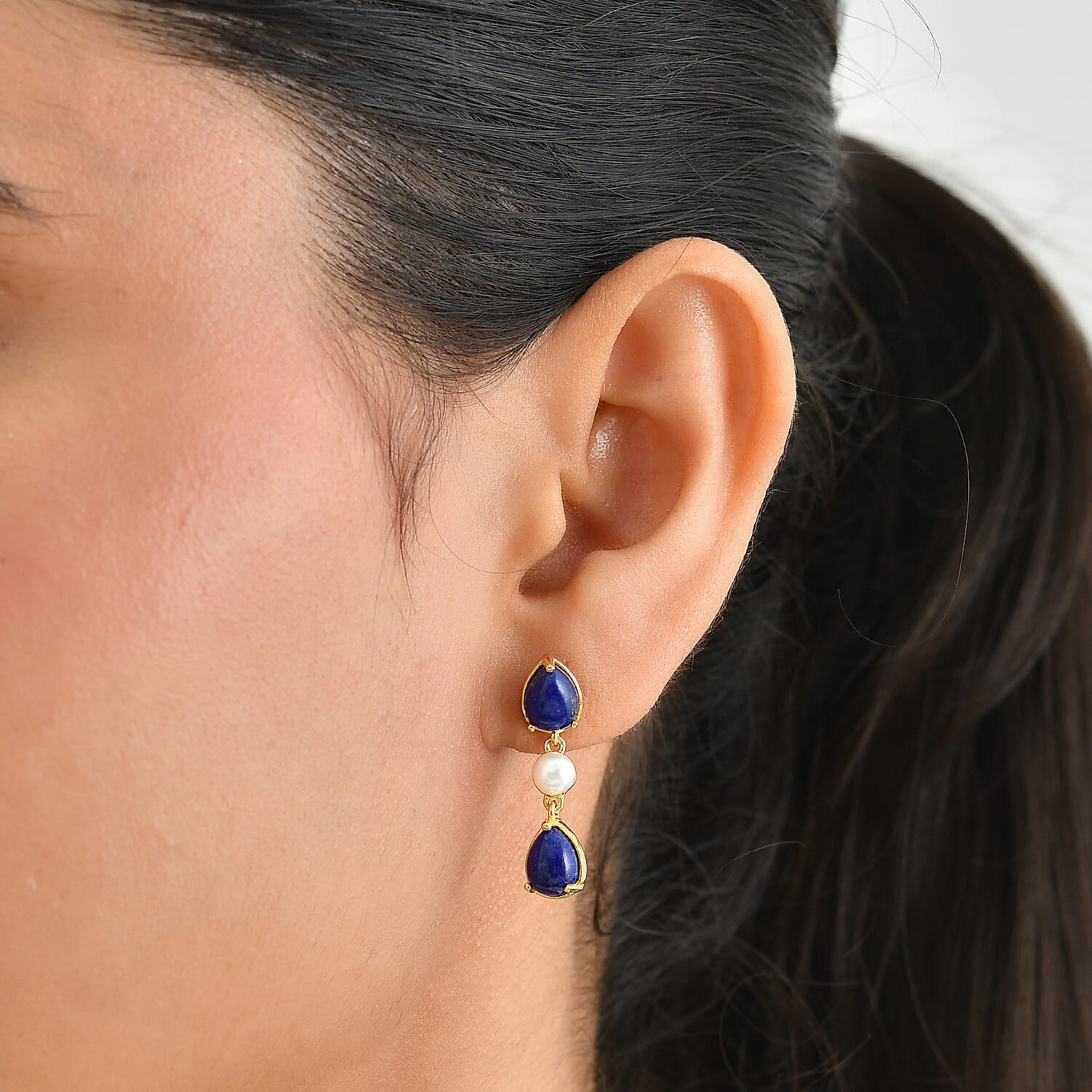 EverTrue - Lapis Lazuli & Fresh Water Pearl Dangling Earring with Push Back in Yellow Gold Tone 7.55 Ct.