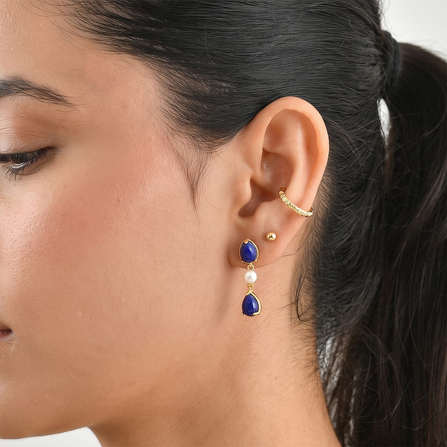 EverTrue - Lapis Lazuli & Fresh Water Pearl Dangling Earring with Push Back in Yellow Gold Tone 7.55 Ct.