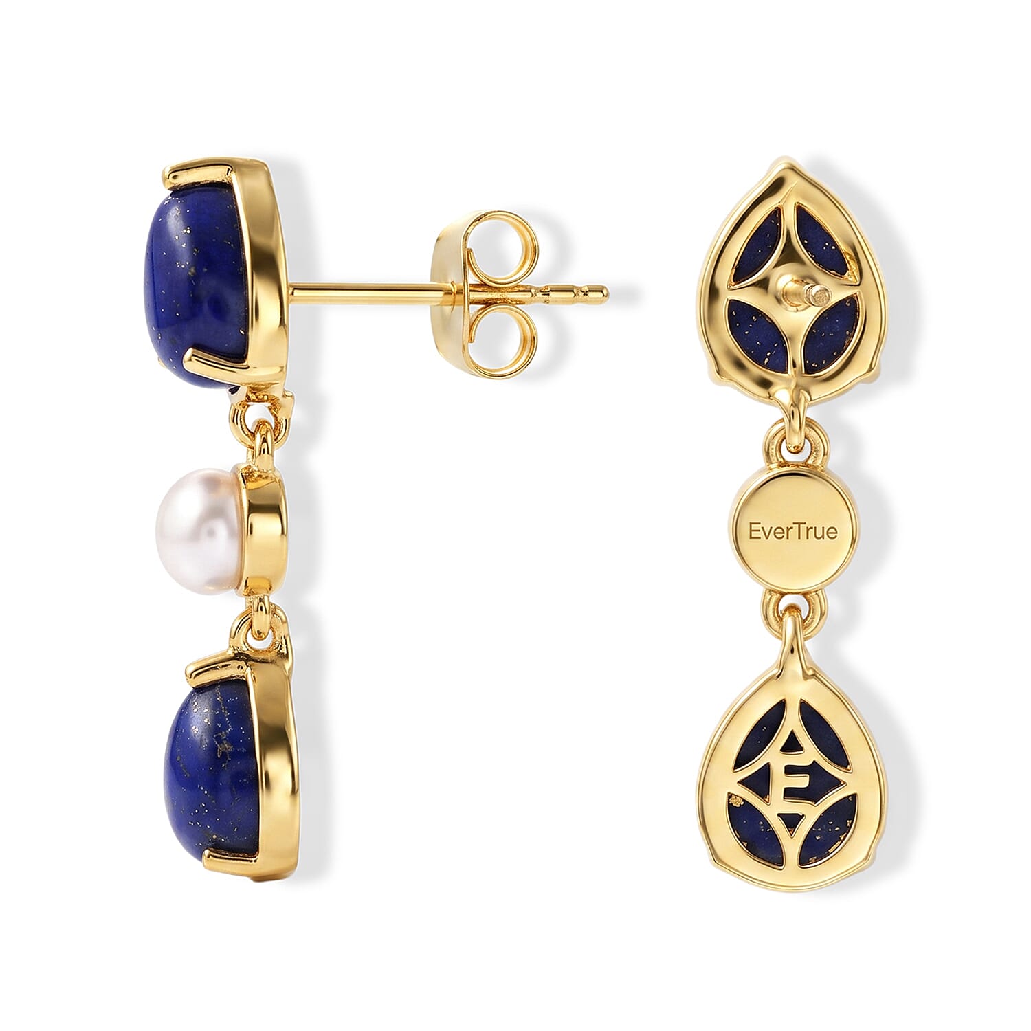 EverTrue - Lapis Lazuli & Fresh Water Pearl Dangling Earring with Push Back in Yellow Gold Tone 7.55 Ct.