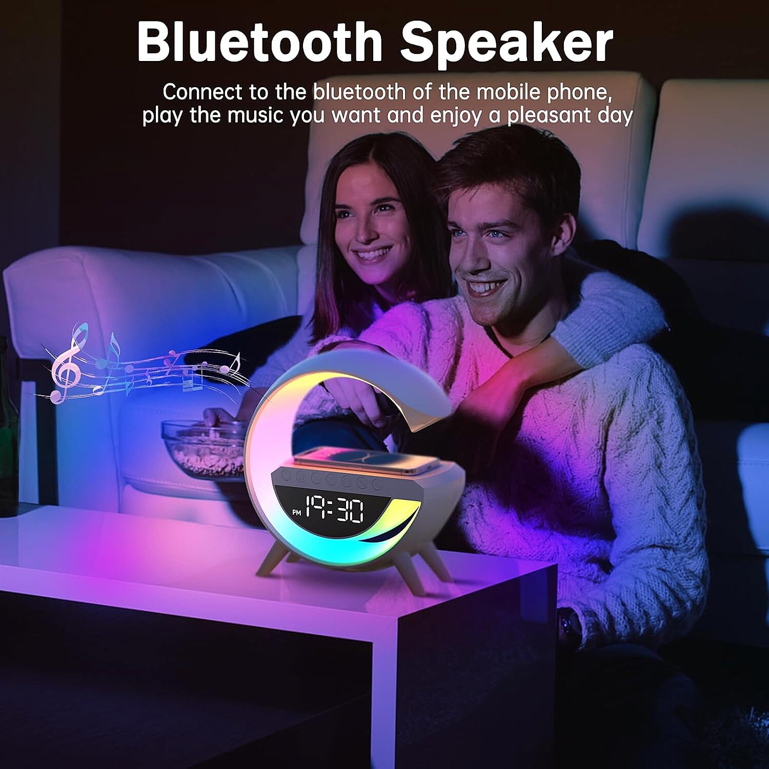 G- Shape Lamp with Wireless Phone Charging and Bluetooth Speaker - White