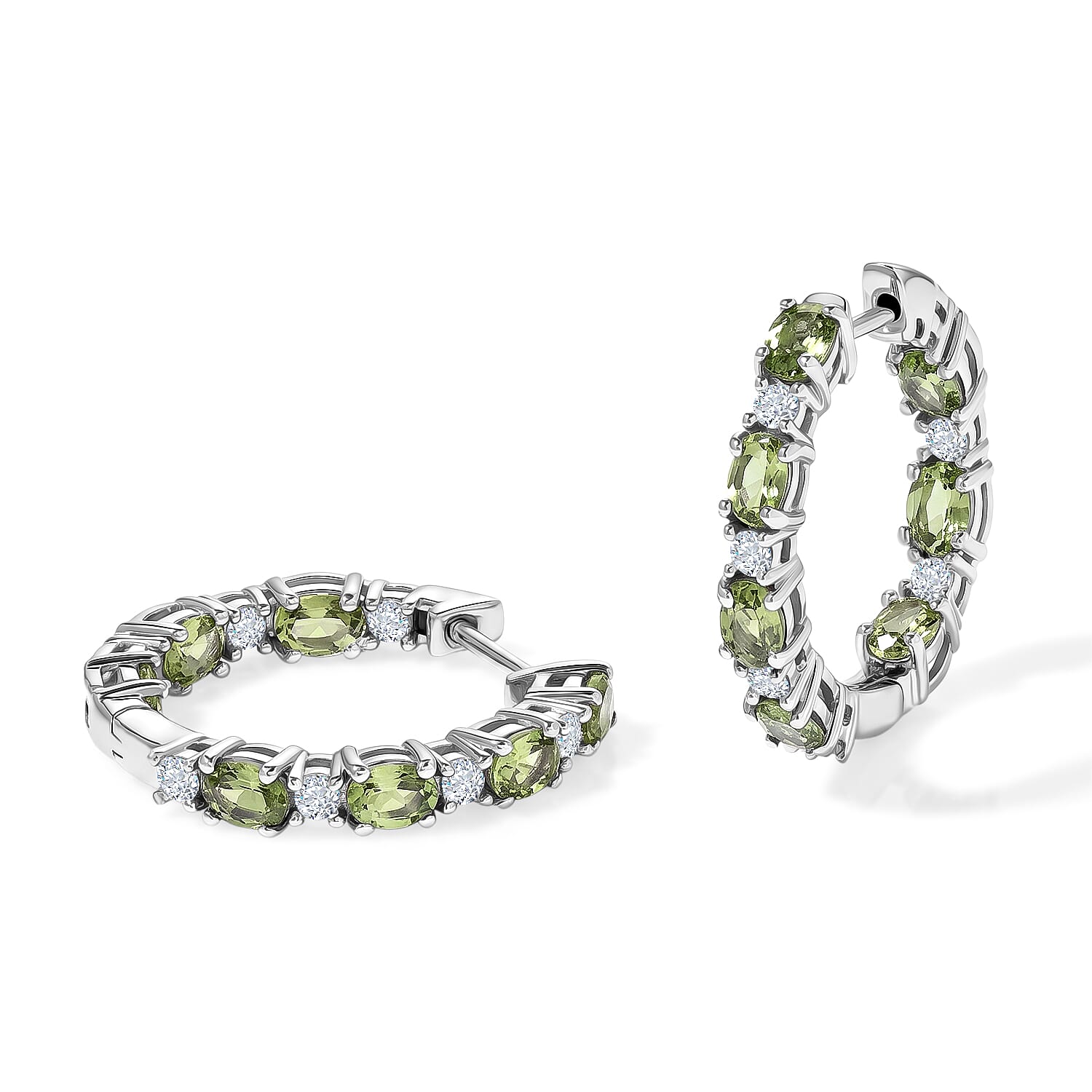 D'Joy - Natural Green Apatite & White Zircon Full Hoop Earring in Rhodium Overlay Sterling Silver 3.30 Ct.