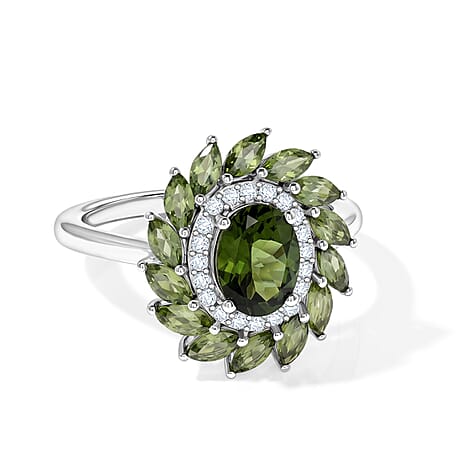 D'Joy - Natural Green Apatite & White Zircon Floral Halo Ring in Rhodium Overlay Sterling Silver 2.65 Ct.