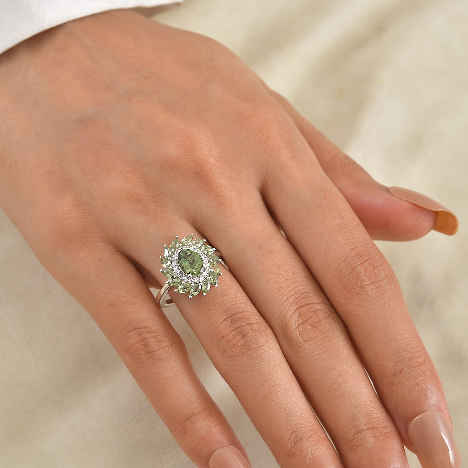 D'Joy - Natural Green Apatite & White Zircon Floral Halo Ring in Rhodium Overlay Sterling Silver 2.65 Ct.