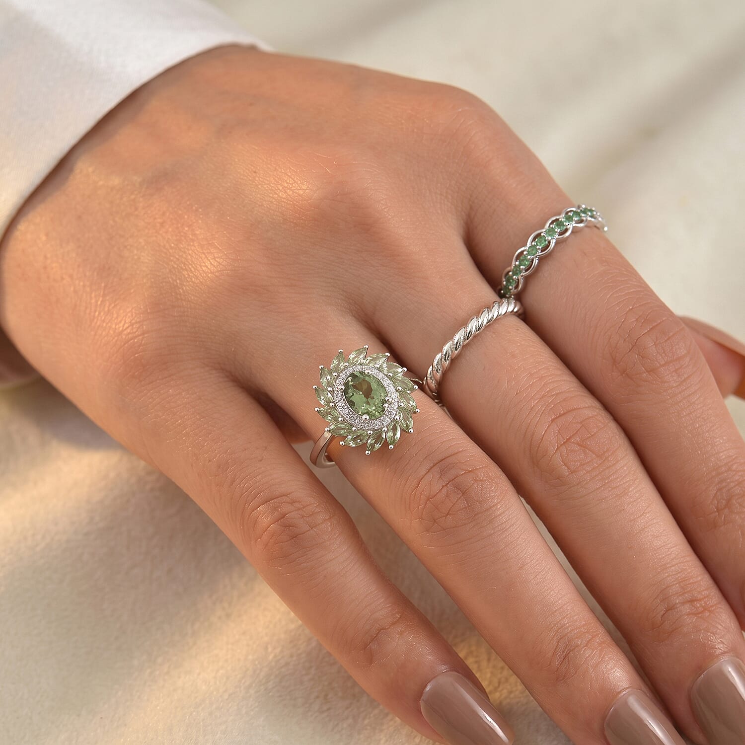 D'Joy - Natural Green Apatite & White Zircon Floral Halo Ring in Rhodium Overlay Sterling Silver 2.65 Ct.