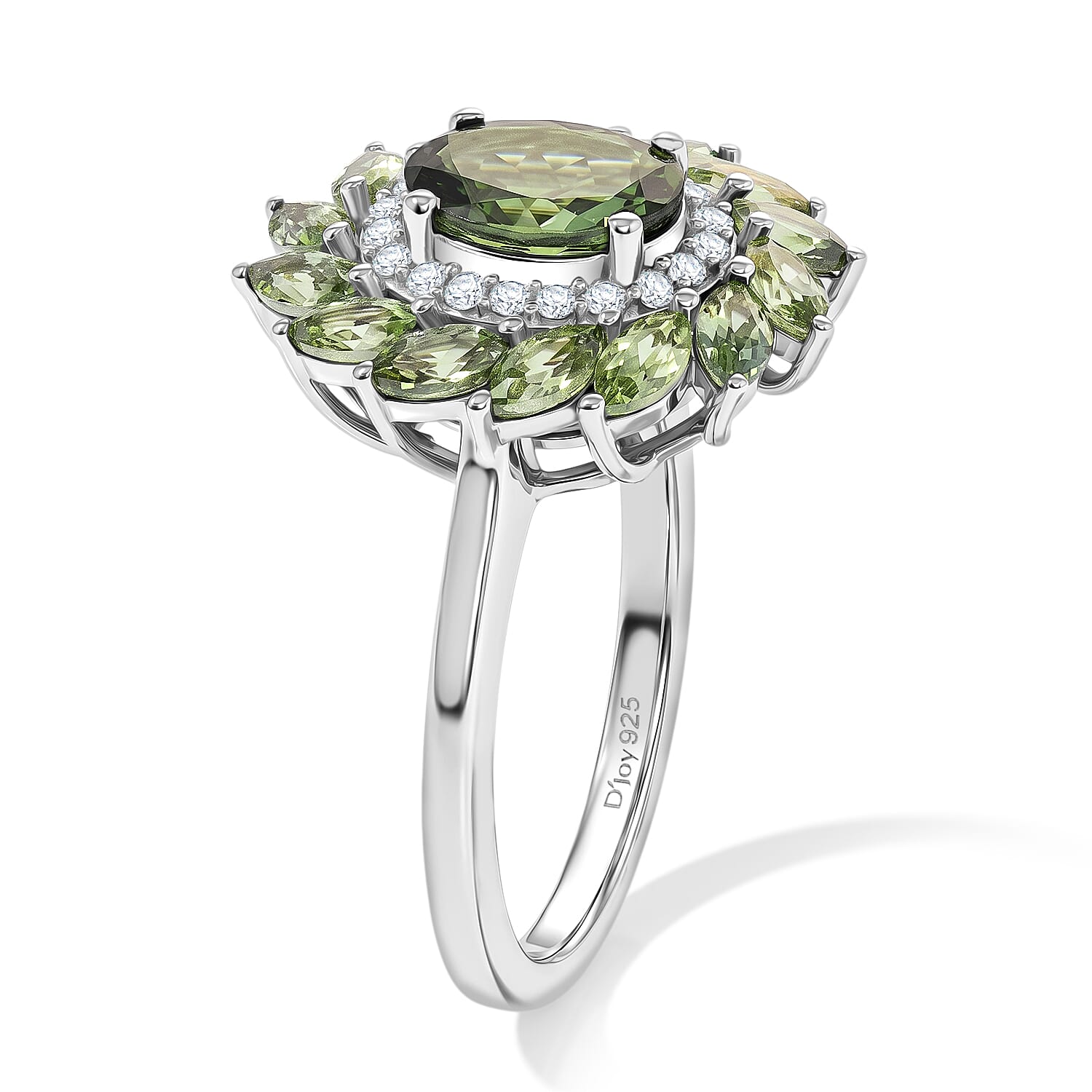 D'Joy - Natural Green Apatite & White Zircon Floral Halo Ring in Rhodium Overlay Sterling Silver 2.65 Ct.