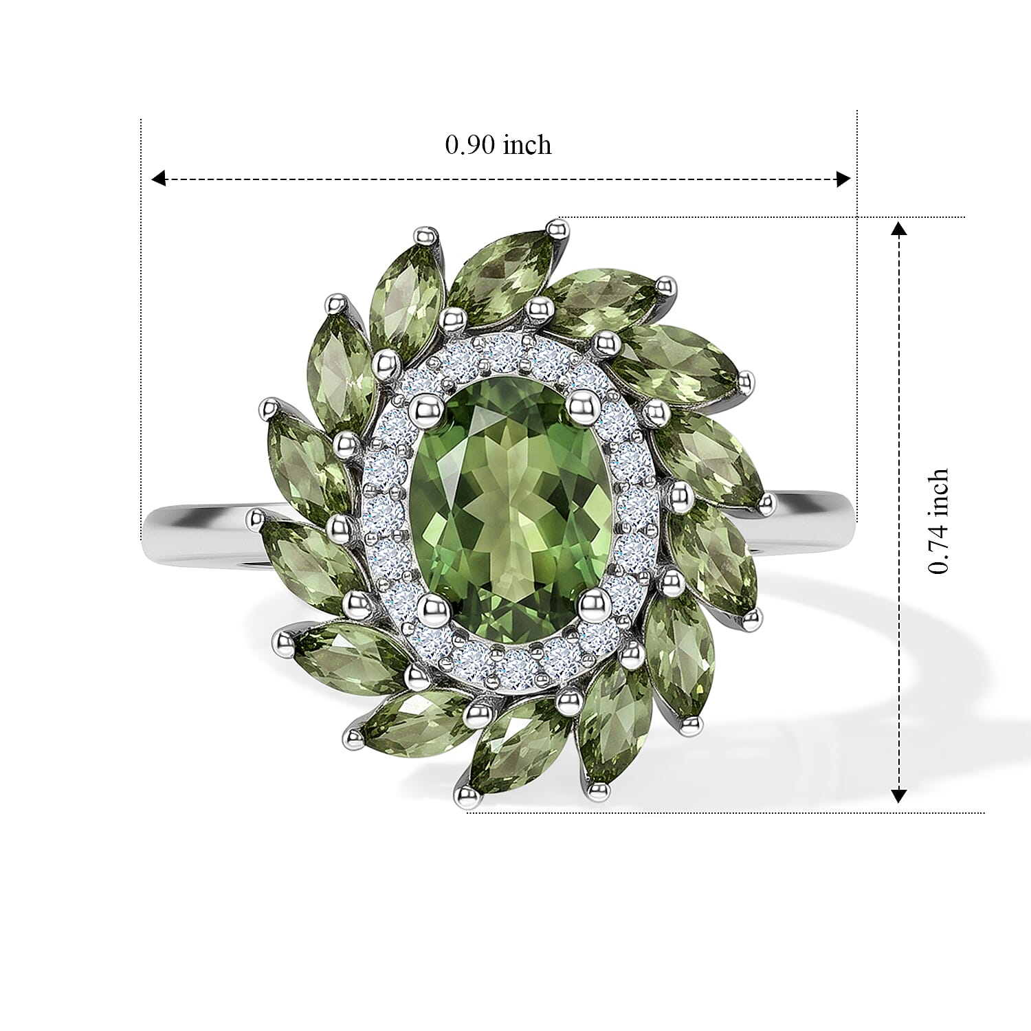 D'Joy - Natural Green Apatite & White Zircon Floral Halo Ring in Rhodium Overlay Sterling Silver 2.65 Ct.