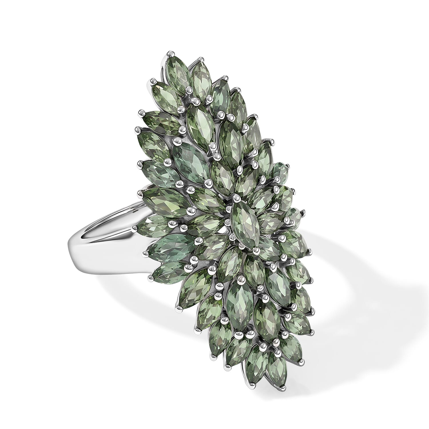 D'Joy - Natural Green Apatite Floral Statement Ring in Rhodium Overlay Sterling Silver 5.20 Ct.