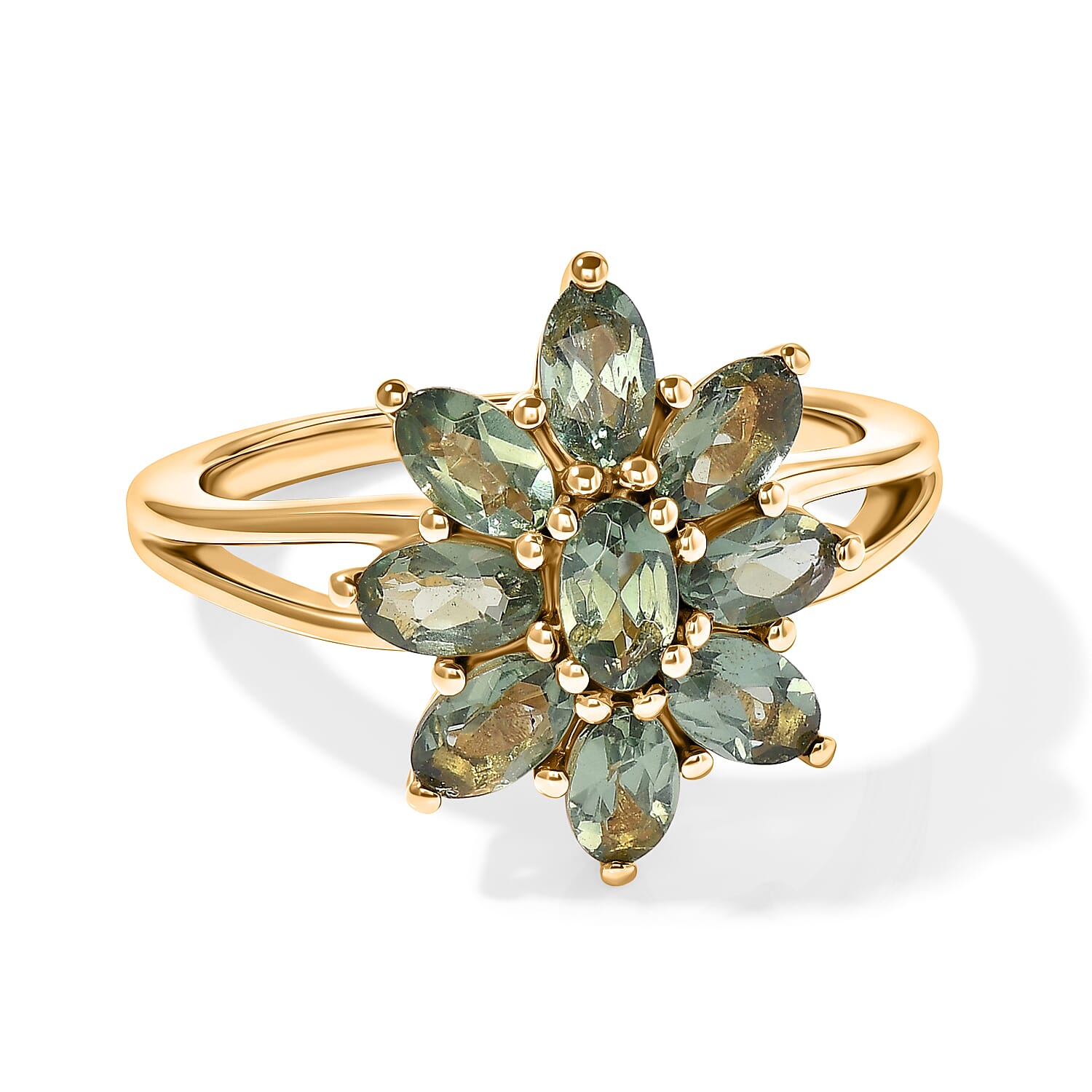 D'Joy - Natural Green Apatite Floral Ring in Yellow Gold Plated Sterling Silver 2.20 Ct.