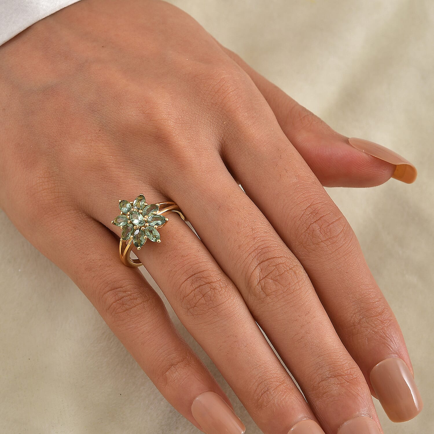 D'Joy - Natural Green Apatite Floral Ring in Yellow Gold Plated Sterling Silver 2.20 Ct.