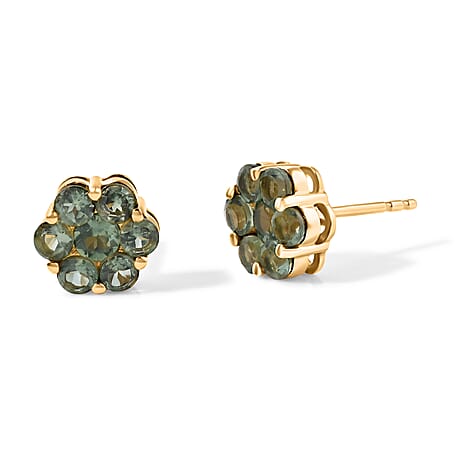 D'Joy Natural Green Apatite Cluster Stud Push Back Earring in Yellow Gold Plated Sterling Silver 1.78 Ct.