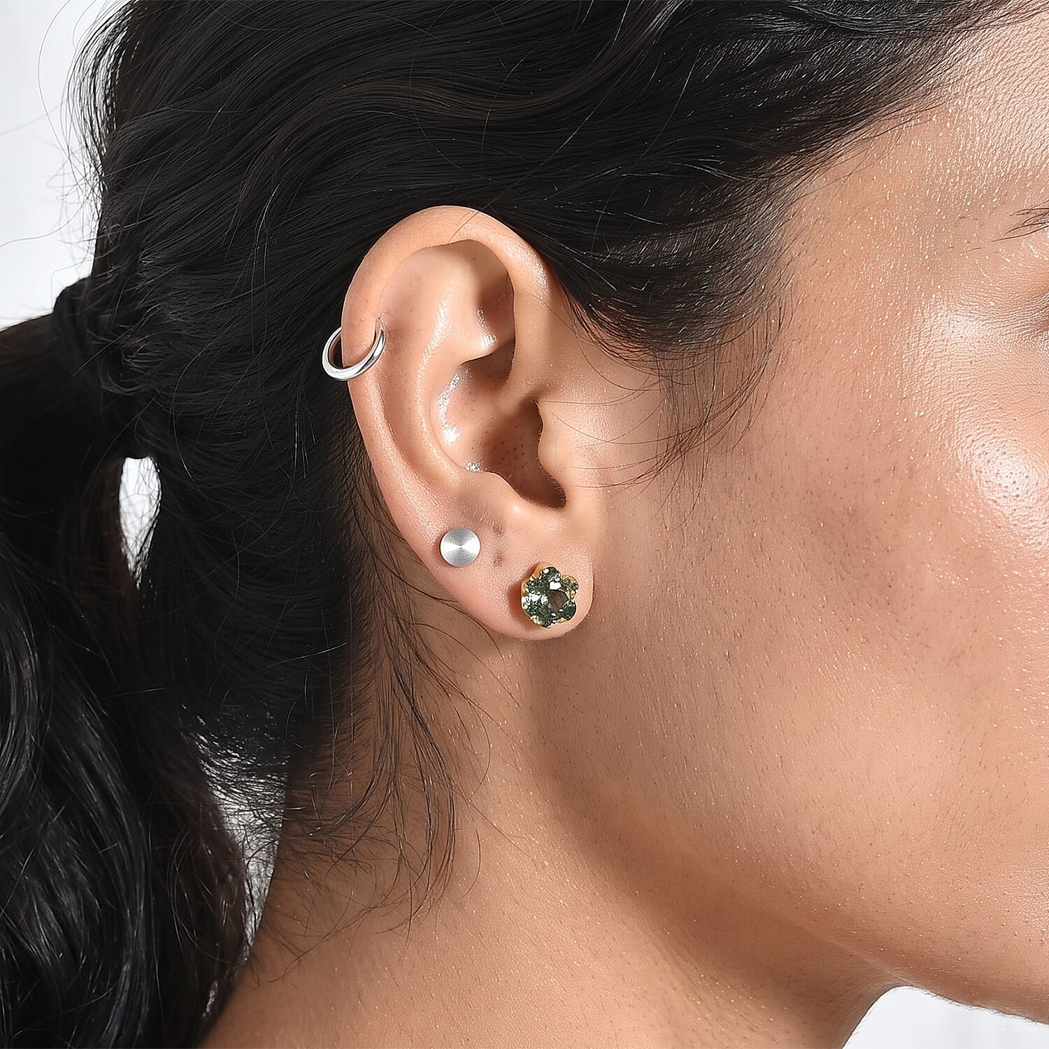 D'Joy Natural Green Apatite Cluster Stud Push Back Earring in Yellow Gold Plated Sterling Silver 1.78 Ct.