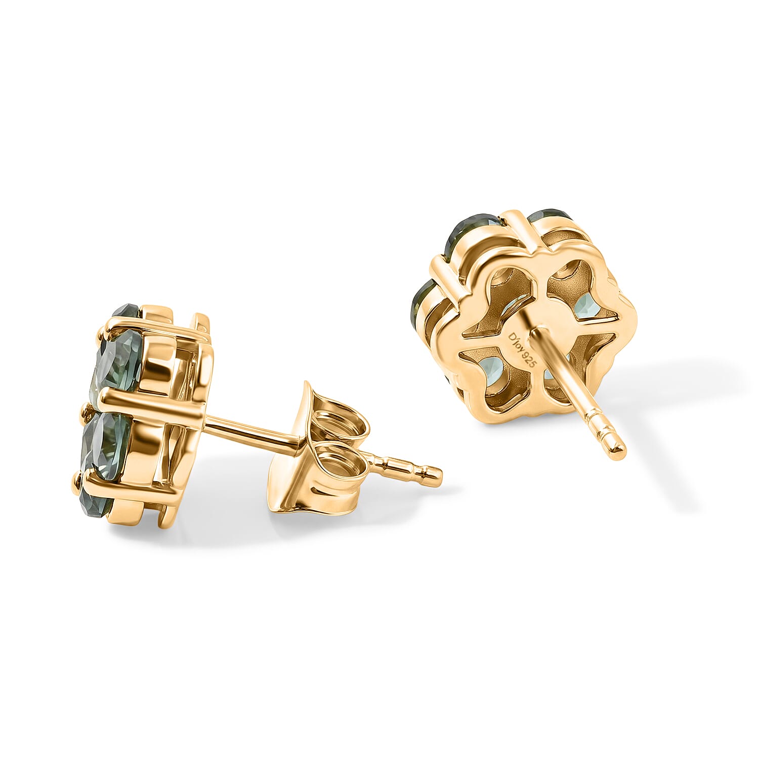 D'Joy Natural Green Apatite Cluster Stud Push Back Earring in Yellow Gold Plated Sterling Silver 1.78 Ct.