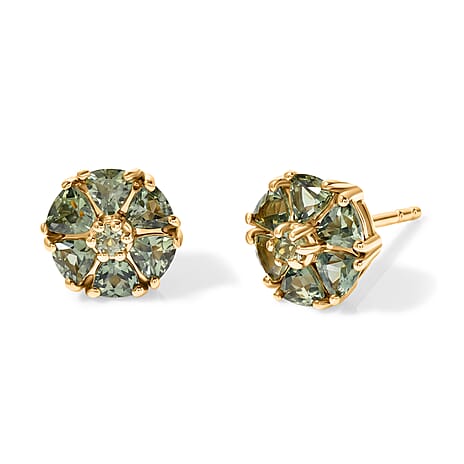 D'Joy - Natural Green Apatite Cluster Stud Earring with Push Post in Yellow Gold Plated Sterling Silver 1.60 Ct.