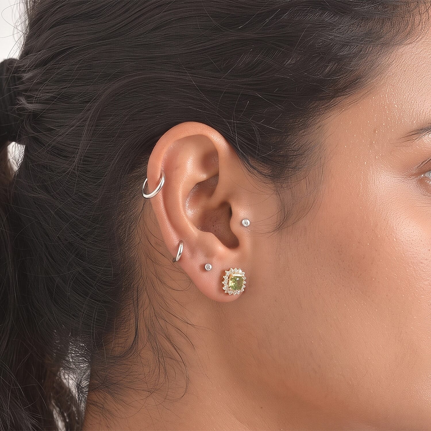 D'Joy - Natural Green Apatite & White Zircon Halo Earring with Push Post in Yellow Gold Plated Sterling Silver 1.10 Ct.