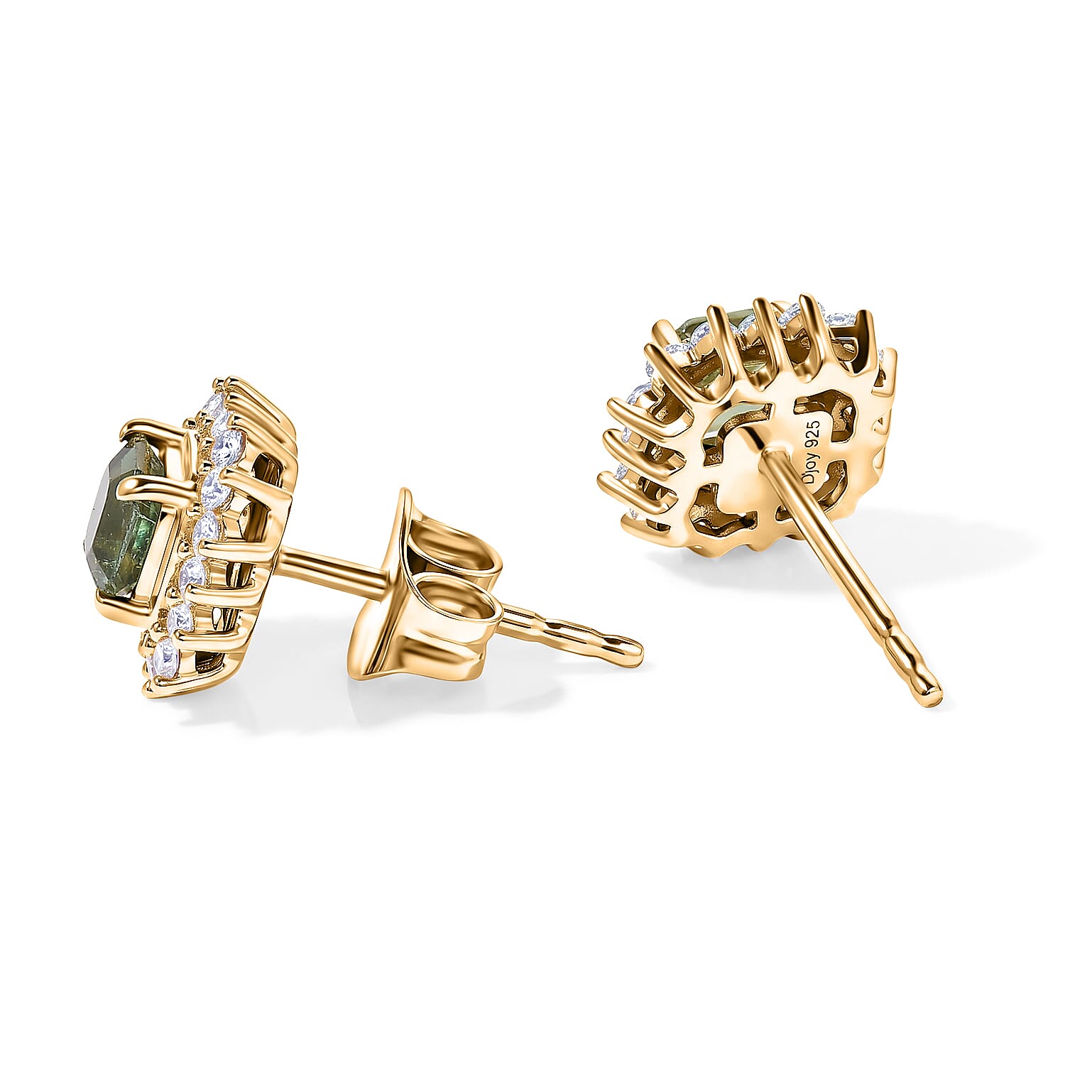 D'Joy - Natural Green Apatite & White Zircon Halo Earring with Push Post in Yellow Gold Plated Sterling Silver 1.10 Ct.