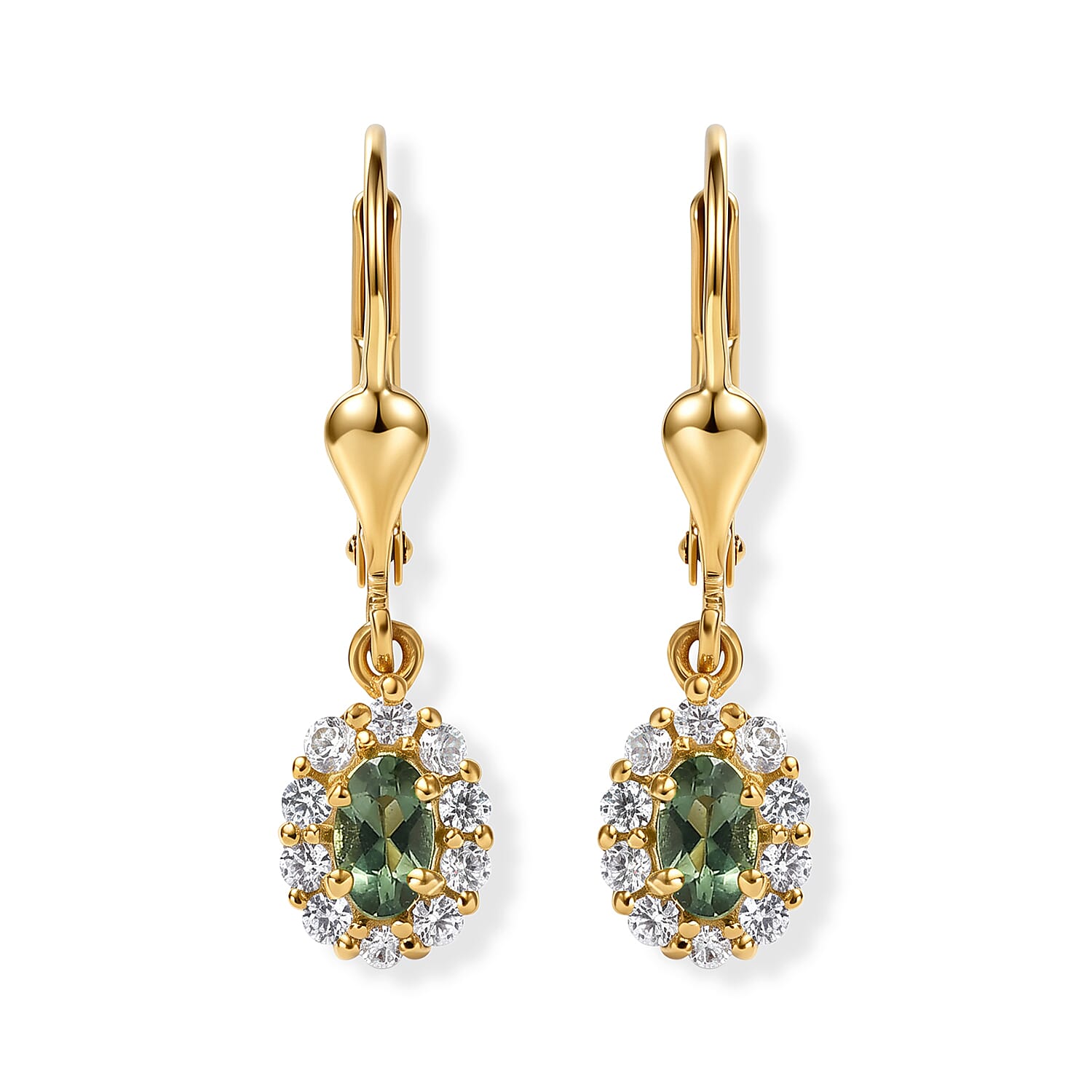 D'Joy - Natural Green Apatite & White Zircon Dangling Earring with Lever Back in Yellow Gold Plated Sterling Silver