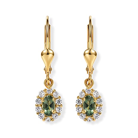 D'Joy - Natural Green Apatite & White Zircon Dangling Earring with Lever Back in Yellow Gold Plated Sterling Silver