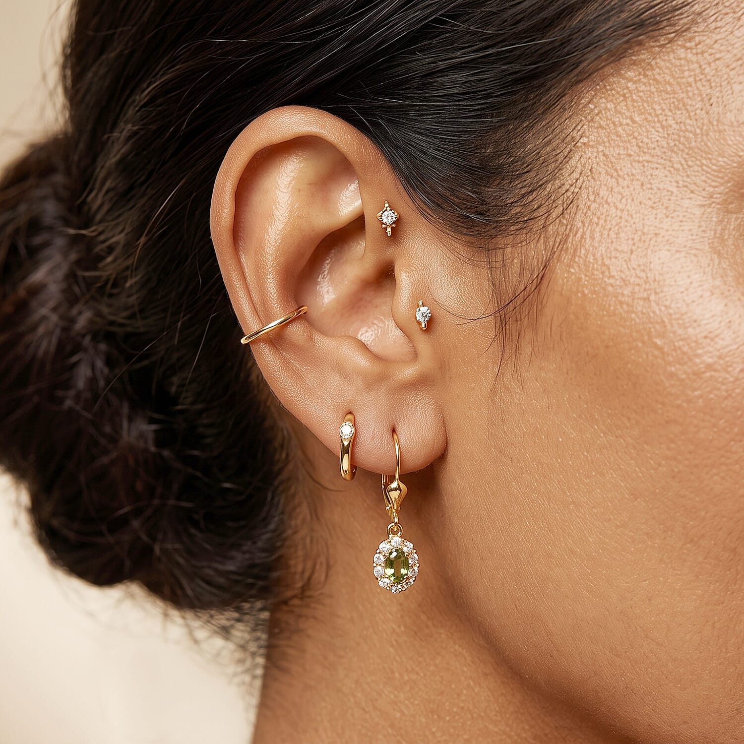D'Joy - Natural Green Apatite & White Zircon Dangling Earring with Lever Back in Yellow Gold Plated Sterling Silver