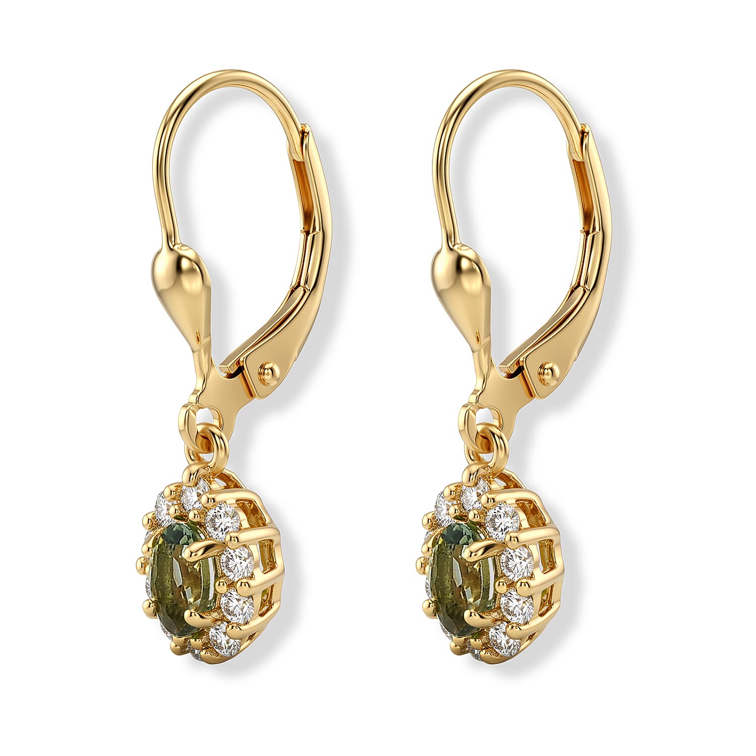 D'Joy - Natural Green Apatite & White Zircon Dangling Earring with Lever Back in Yellow Gold Plated Sterling Silver